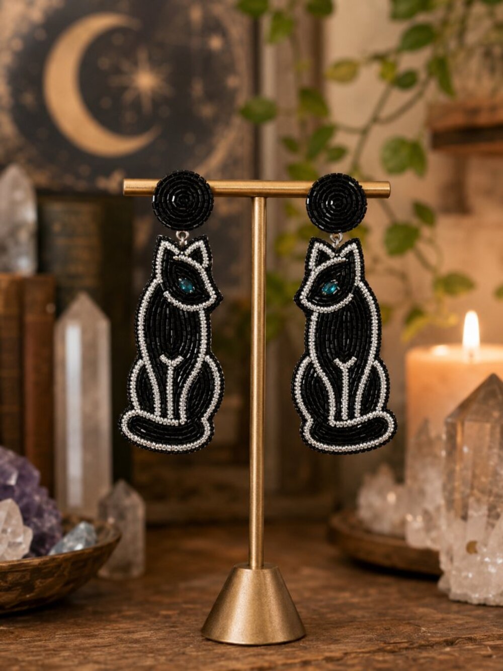Black Panther Glass Beaded Austrian Crystal Cat Statement Dangle Earrings